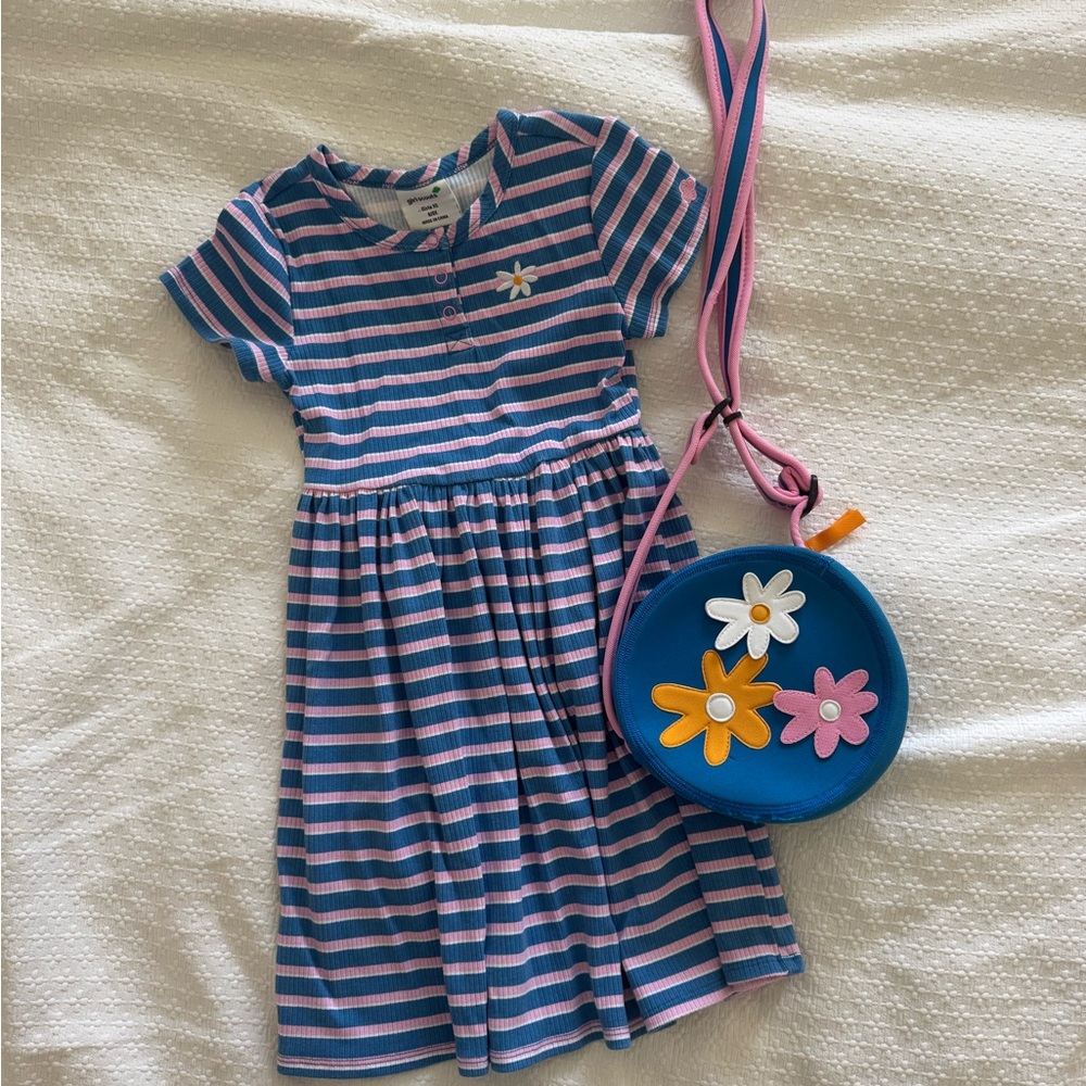 Charming Striped Kids Dress with Floral Bag